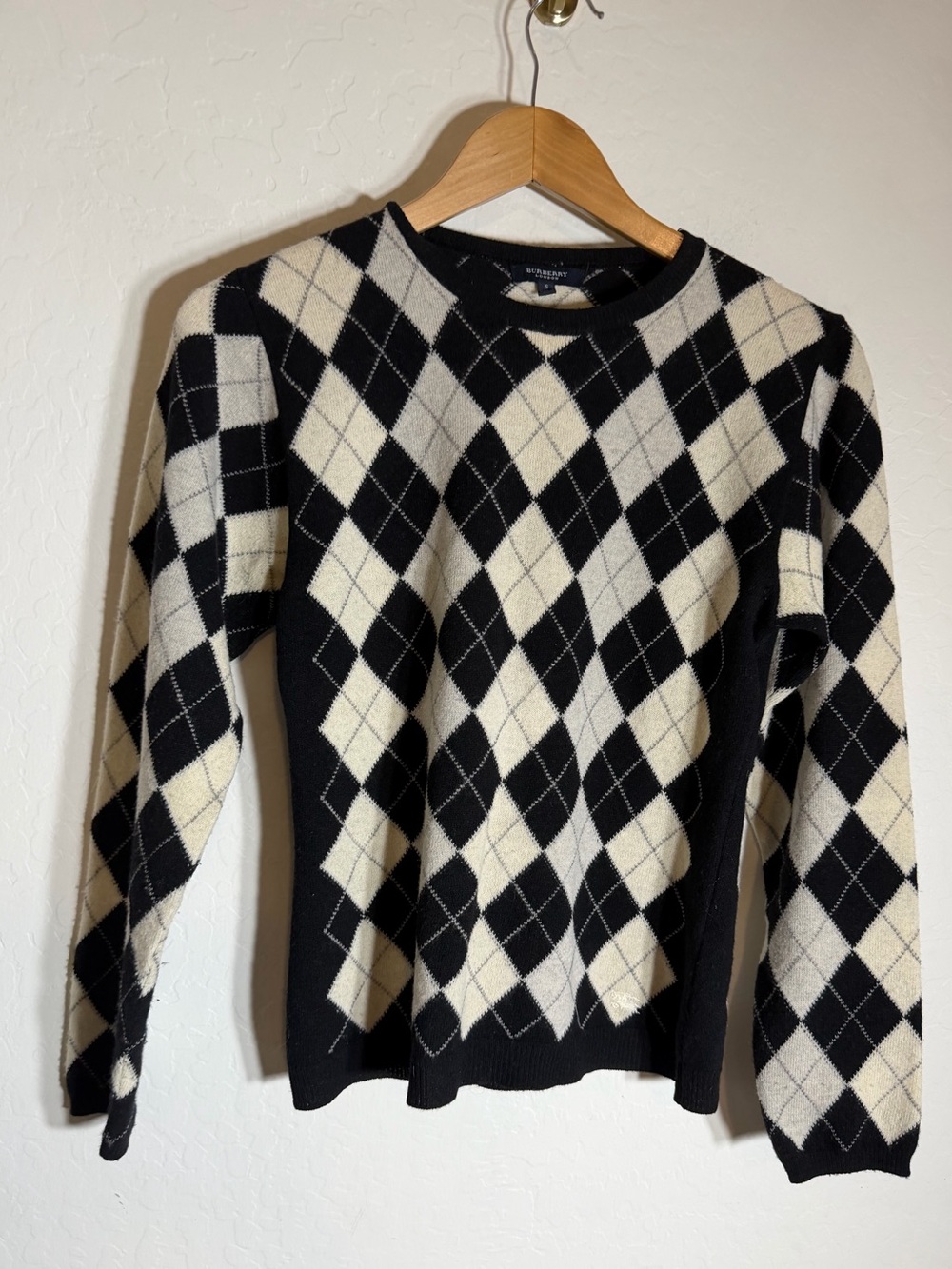 Vintage Burberry London Black & White Argyle 100% Wool Sweater Size S